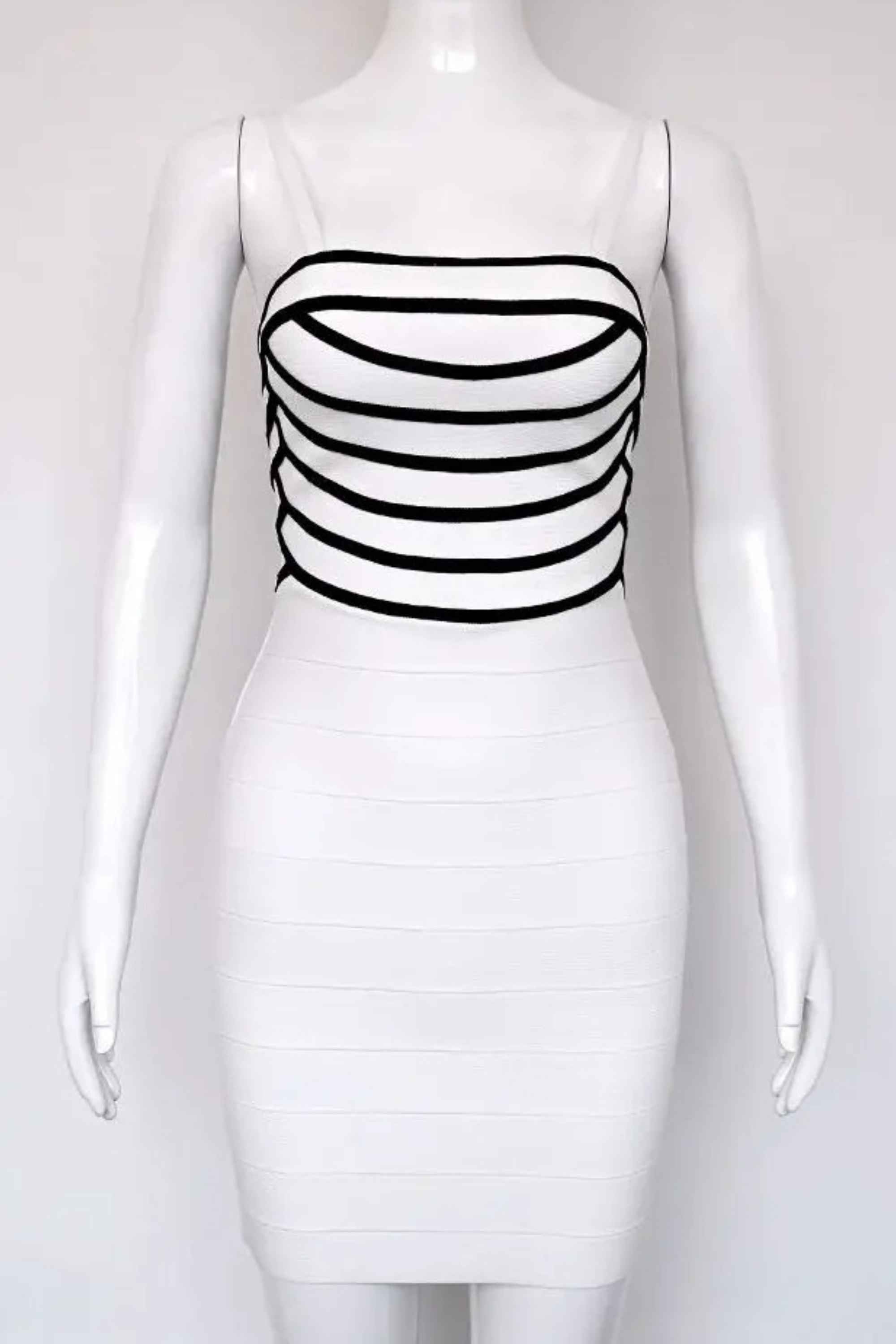 Woman wearing a figure flattering Carter Bandage Mini Dress - Pearl White BODYCON COLLECTION