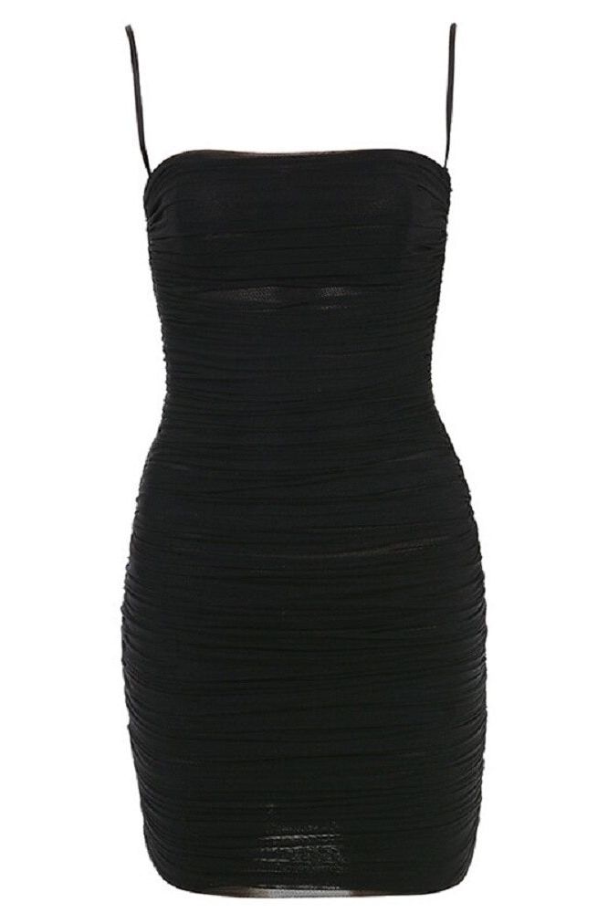 Woman wearing a figure flattering Cassie Bodycon Wrap Mini Dress - Classic Black BODYCON COLLECTION