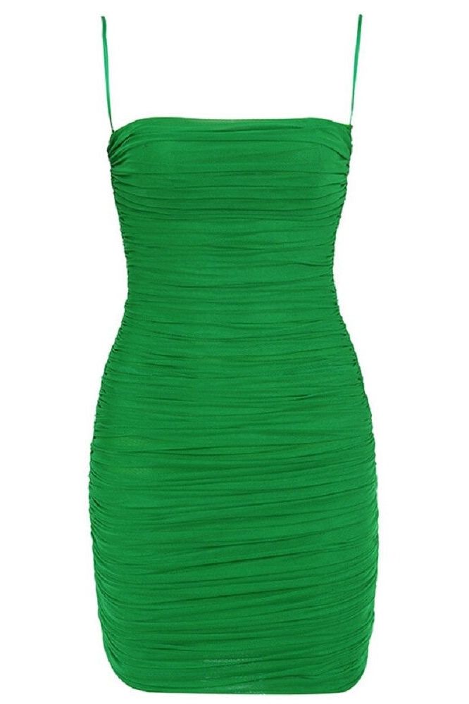 Woman wearing a figure flattering Cassie Bodycon Wrap Mini Dress - Emerald Green BODYCON COLLECTION
