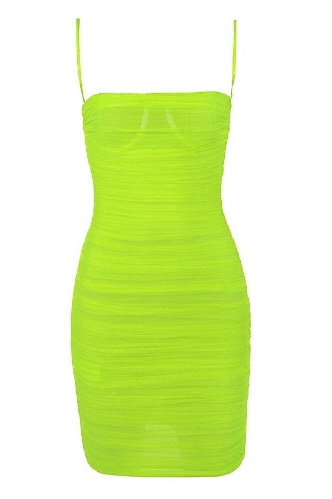 Woman wearing a figure flattering Cassie Bodycon Wrap Mini Dress - Neon Green BODYCON COLLECTION