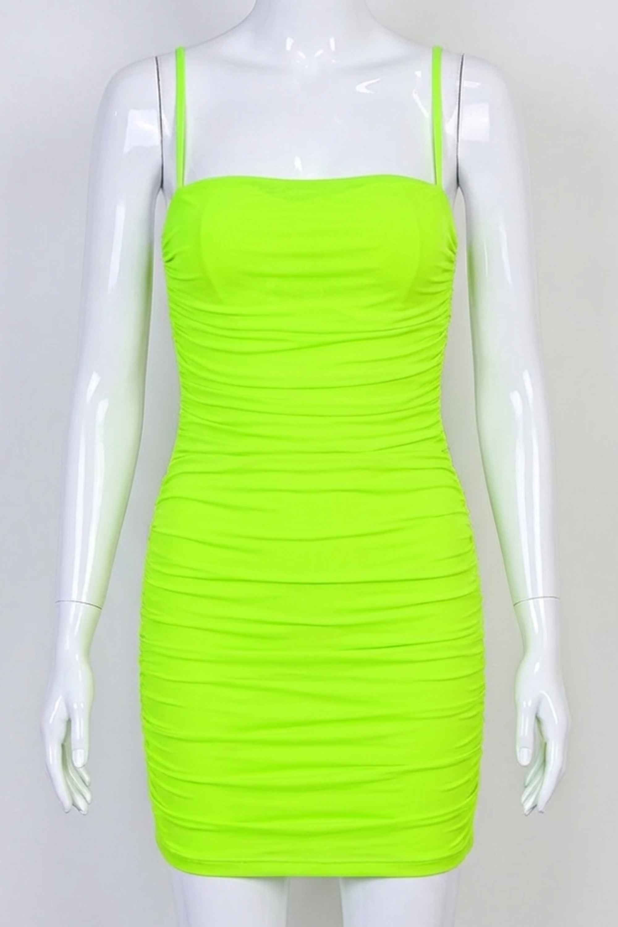 Woman wearing a figure flattering Cassie Bodycon Wrap Mini Dress - Neon Green BODYCON COLLECTION