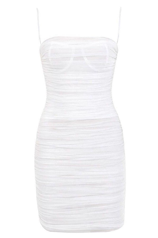 Woman wearing a figure flattering Cassie Bodycon Wrap Mini Dress - Pearl White BODYCON COLLECTION