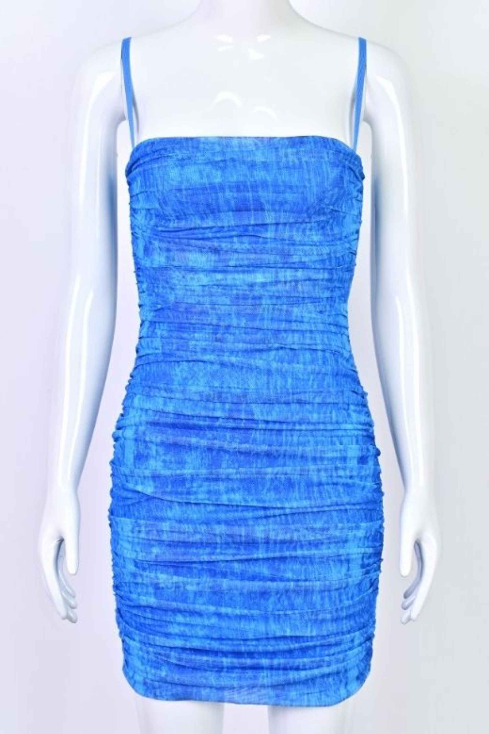 Woman wearing a figure flattering Cassie Bodycon Wrap Mini Dress - Royal Blue BODYCON COLLECTION