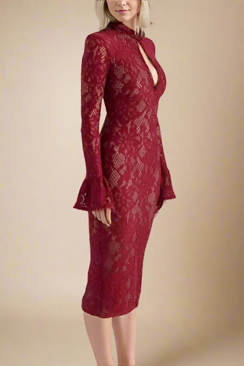 Woman wearing a figure flattering Charlotte Long Sleeve Bodycon Midi Dress - Chilli Red BODYCON COLLECTION