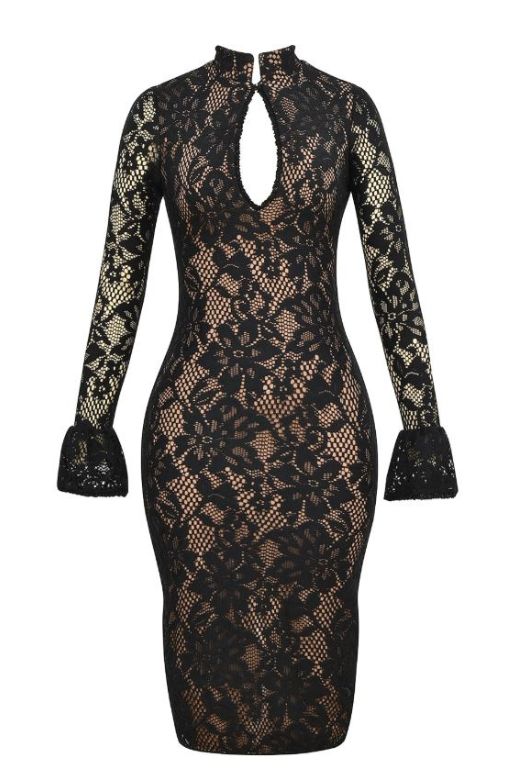 Woman wearing a figure flattering Charlotte Long Sleeve Bodycon Midi Dress - Classic Black BODYCON COLLECTION