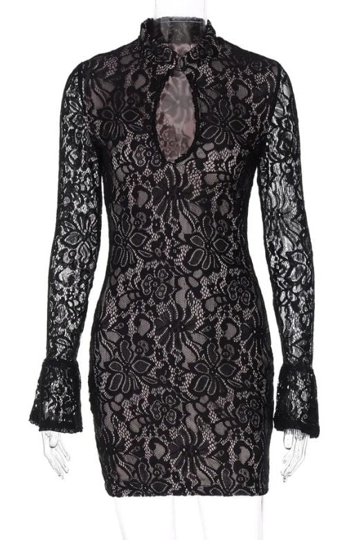 Woman wearing a figure flattering Charlotte Long Sleeve Bodycon Mini Dress - Classic Black BODYCON COLLECTION