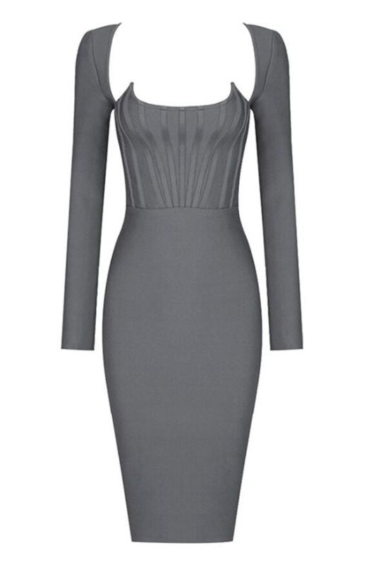 Woman wearing a figure flattering Cia Long Sleeve Bandage Dress - Steel Grey BODYCON COLLECTION