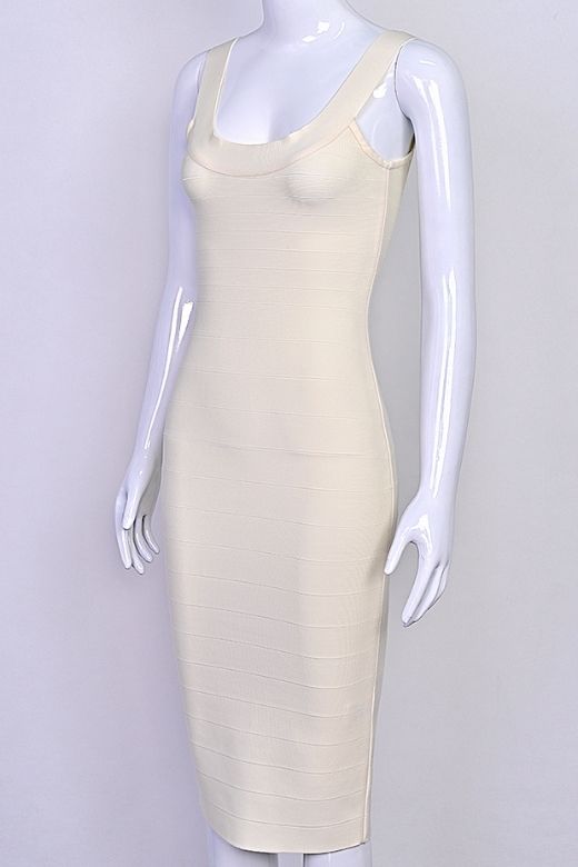 Woman wearing a figure flattering Cindy Bandage Midi Dress - Cream BODYCON COLLECTION Pty Ltd