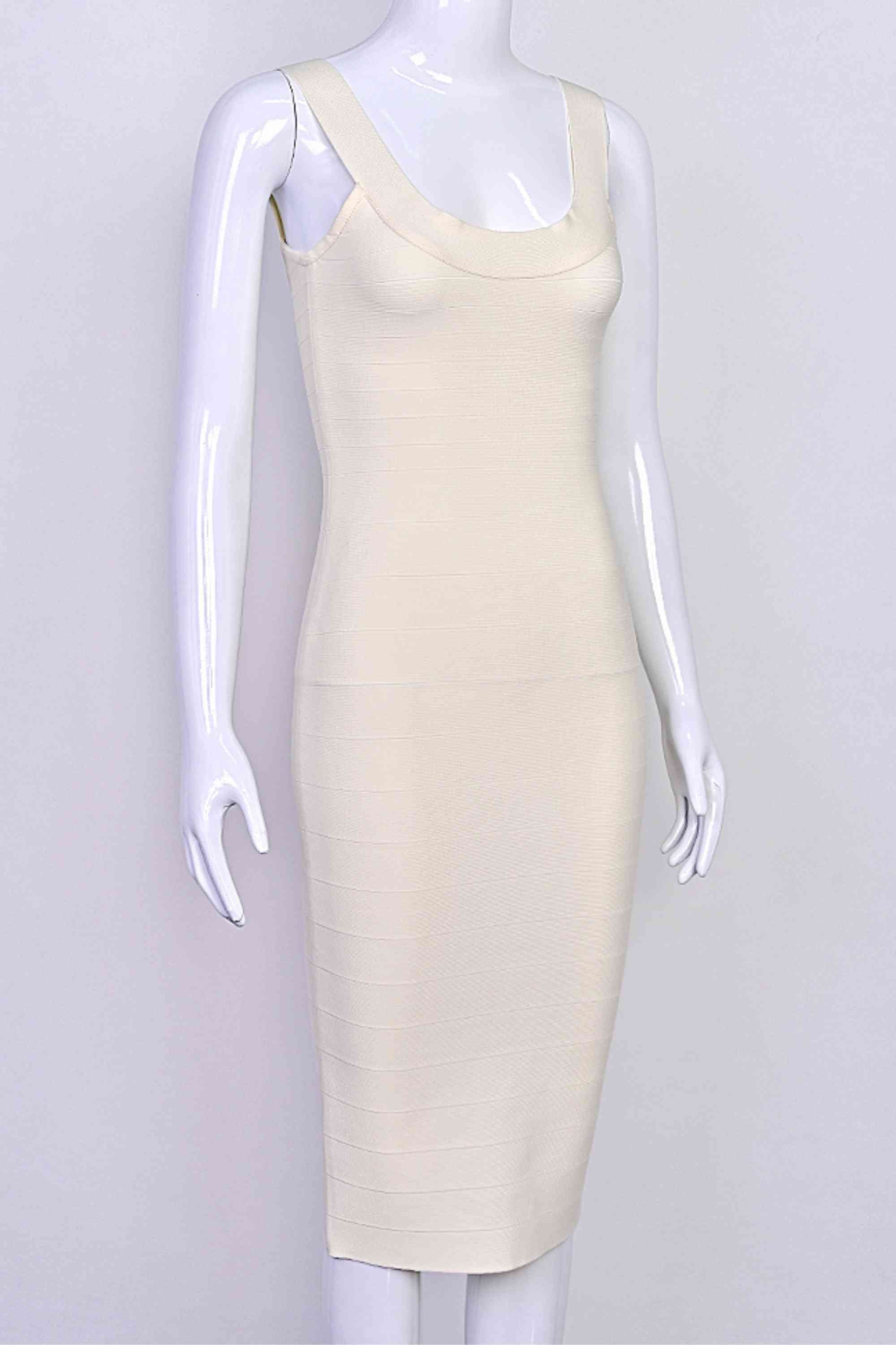 Woman wearing a figure flattering Cindy Bandage Midi Dress - Cream BODYCON COLLECTION Pty Ltd