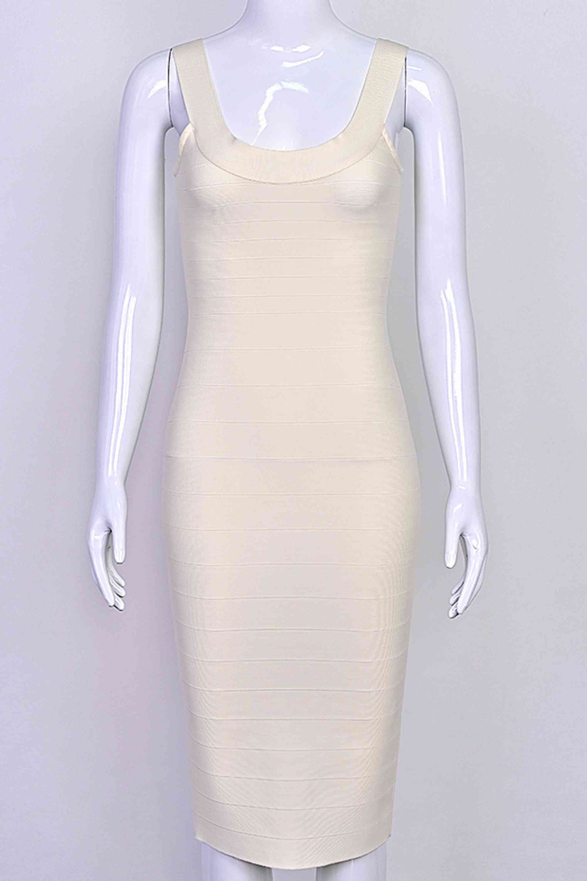 Woman wearing a figure flattering Cindy Bandage Midi Dress - Cream BODYCON COLLECTION Pty Ltd