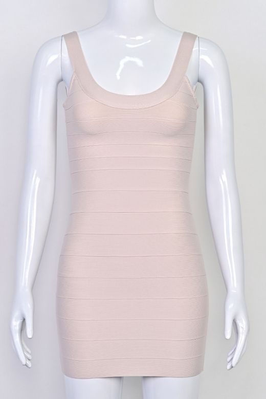 Woman wearing a figure flattering Cindy Bandage Mini Dress - Beige BODYCON COLLECTION Pty Ltd