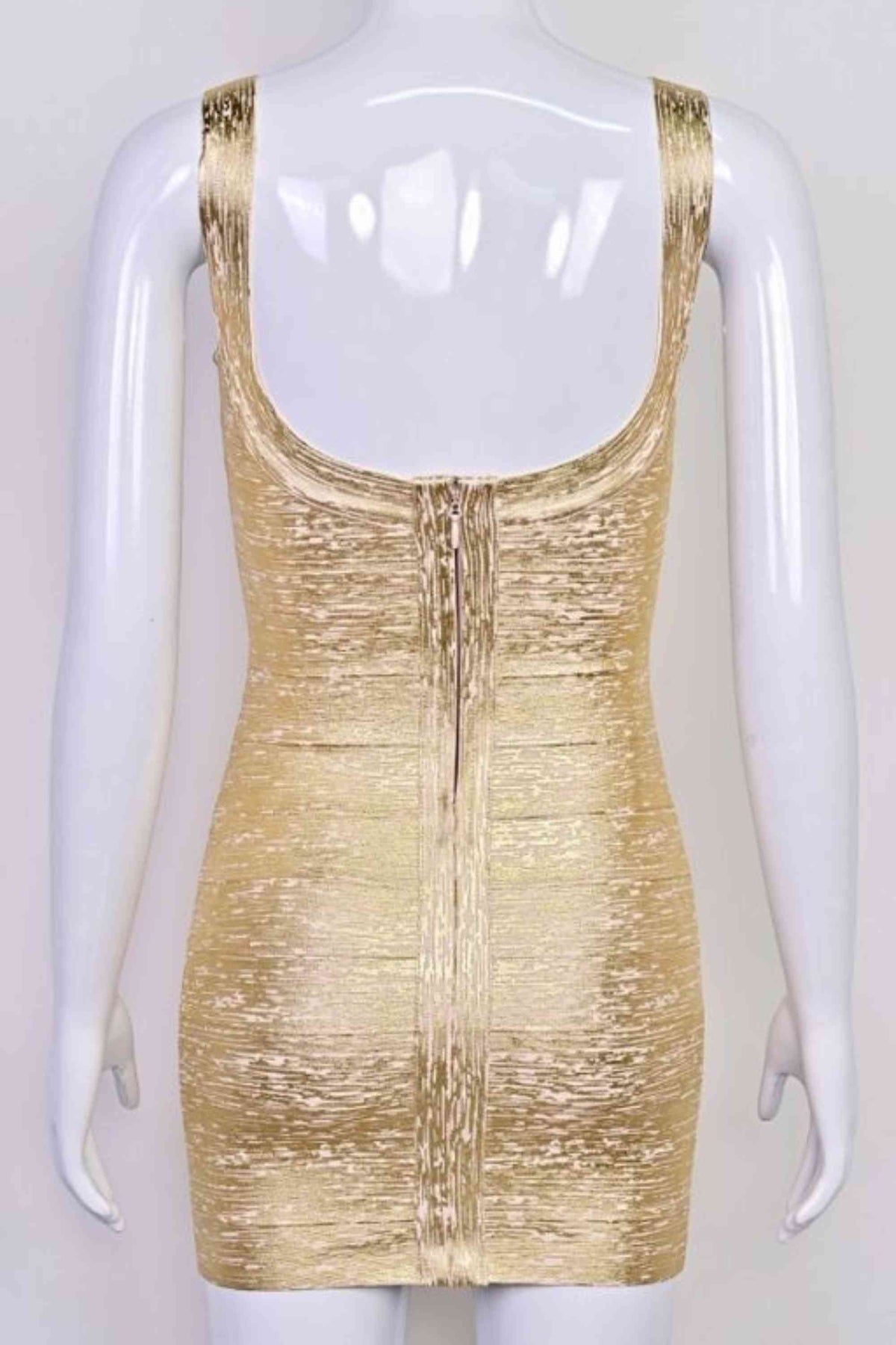 Woman wearing a figure flattering Cindy Bandage Mini Dress - Gold BODYCON COLLECTION Pty Ltd