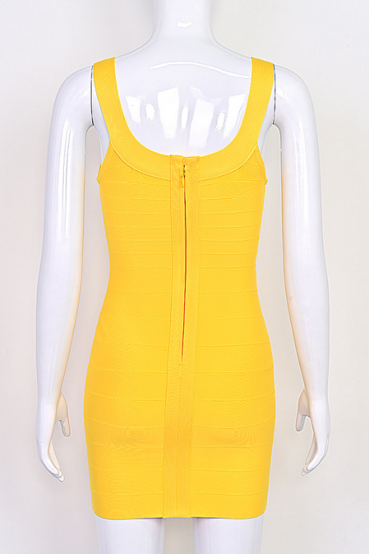 Woman wearing a figure flattering Cindy Bandage Mini Dress - Mustard Yellow BODYCON COLLECTION Pty Ltd