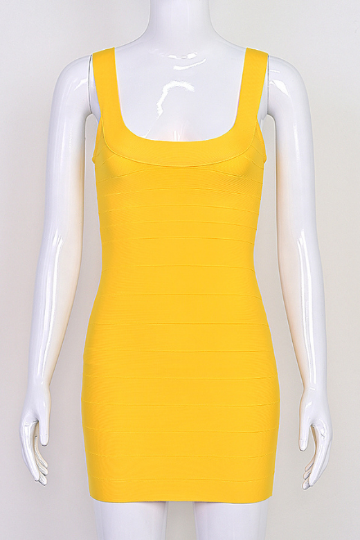 Woman wearing a figure flattering Cindy Bandage Mini Dress - Mustard Yellow BODYCON COLLECTION Pty Ltd