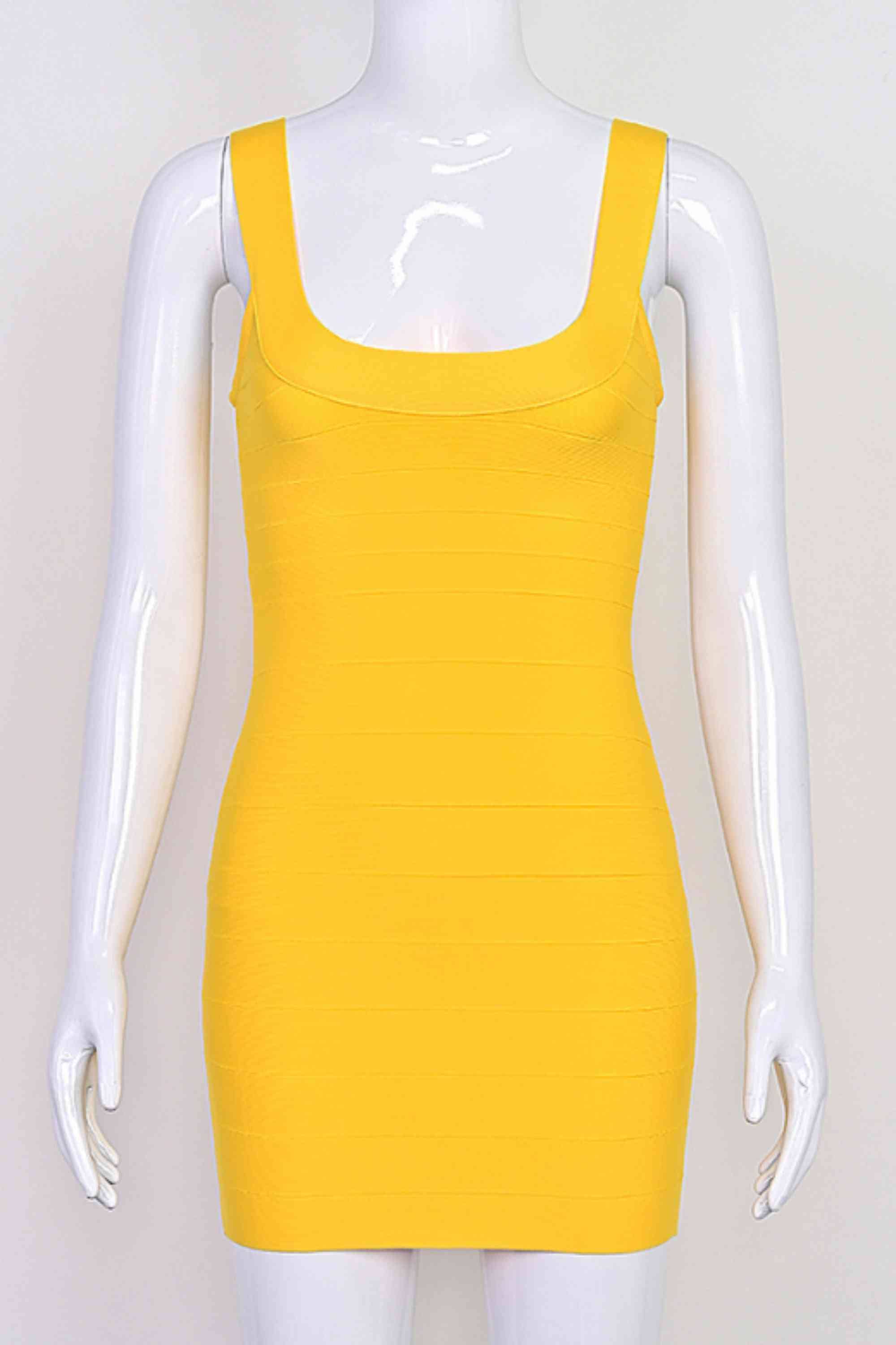 Woman wearing a figure flattering Cindy Bandage Mini Dress - Mustard Yellow BODYCON COLLECTION Pty Ltd