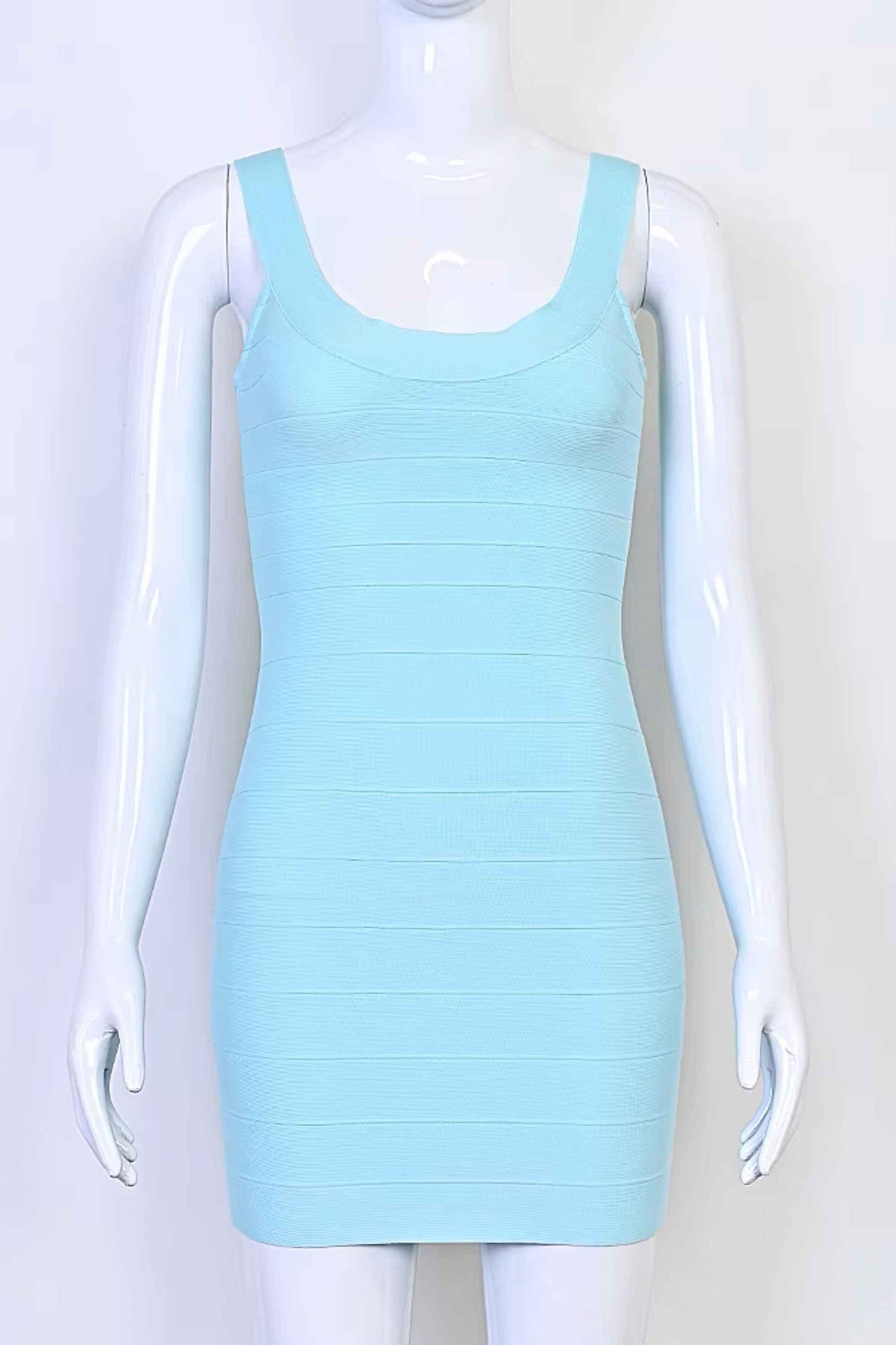 Woman wearing a figure flattering Cindy Bandage Mini Dress - Sky Blue BODYCON COLLECTION Pty Ltd
