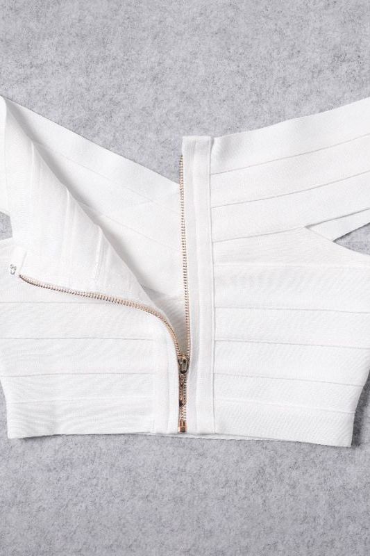 Woman wearing a figure flattering Cindy Bandage Off Shoulder Crop Top - Pearl White BODYCON COLLECTION