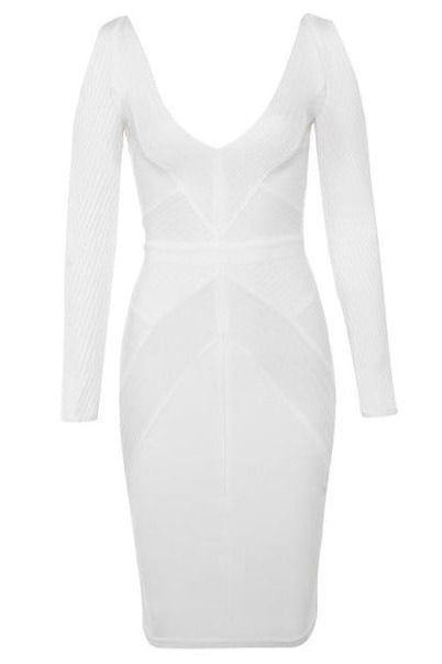 Woman wearing a figure flattering Coco Long Sleeve Bandage Dress - Pearl White BODYCON COLLECTION