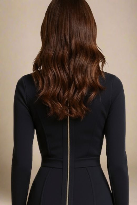 Woman wearing a figure flattering Dee Long Sleeve Bandage Dress - Classic Black BODYCON COLLECTION