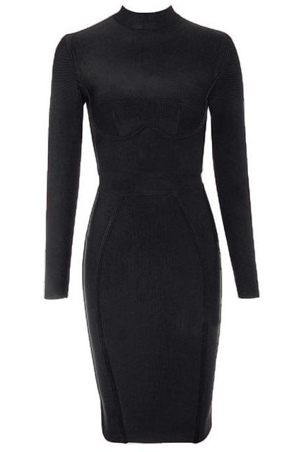 Woman wearing a figure flattering Dee Long Sleeve Bandage Dress - Classic Black BODYCON COLLECTION