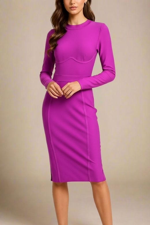 Woman wearing a figure flattering Dee Long Sleeve Bandage Dress - Neon Purple BODYCON COLLECTION
