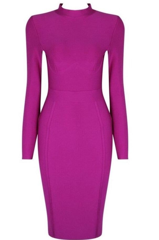 Woman wearing a figure flattering Dee Long Sleeve Bandage Dress - Neon Purple BODYCON COLLECTION
