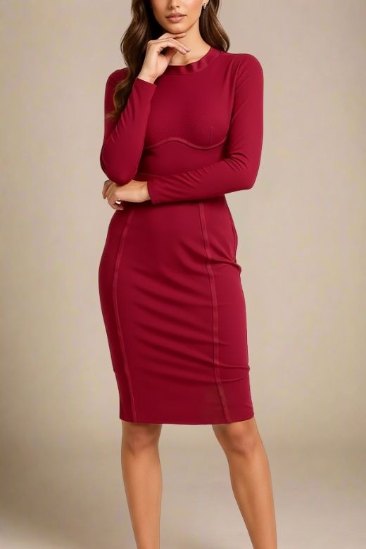 Woman wearing a figure flattering Dee Long Sleeve Bandage Dress - Red Wine BODYCON COLLECTION
