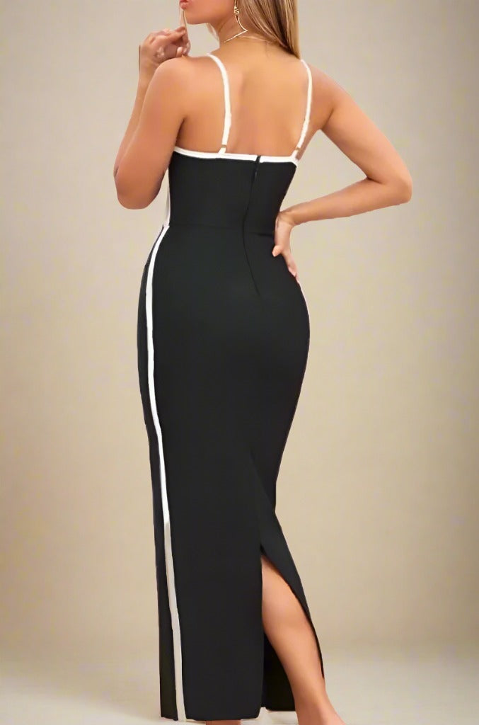 Woman wearing a figure flattering Dianne Bandage Maxi Dress - Classic Black BODYCON COLLECTION