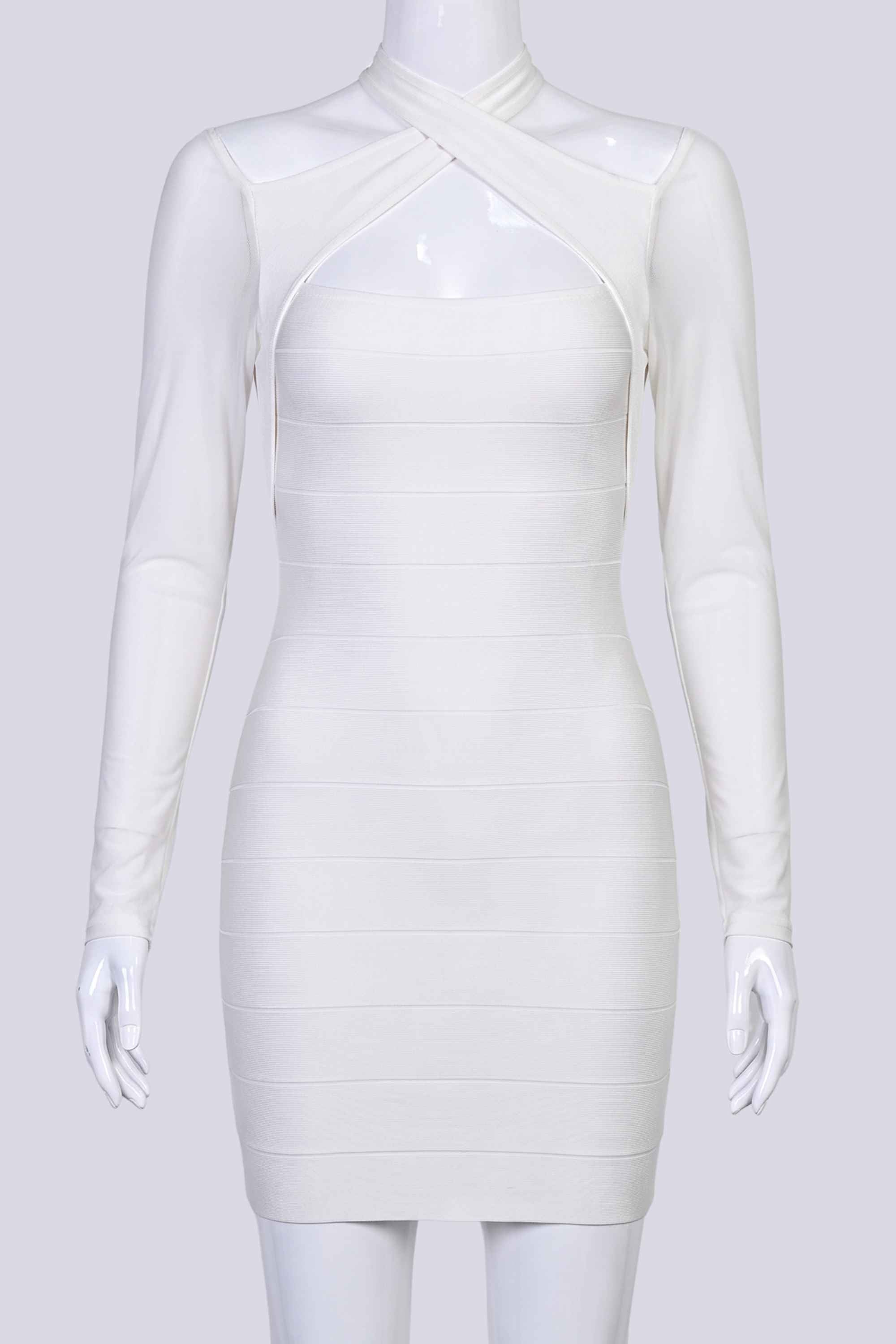 Woman wearing a figure flattering Dovie Long Sleeve Bandage Mini Dress - White Pearl BODYCON COLLECTION Pty Ltd