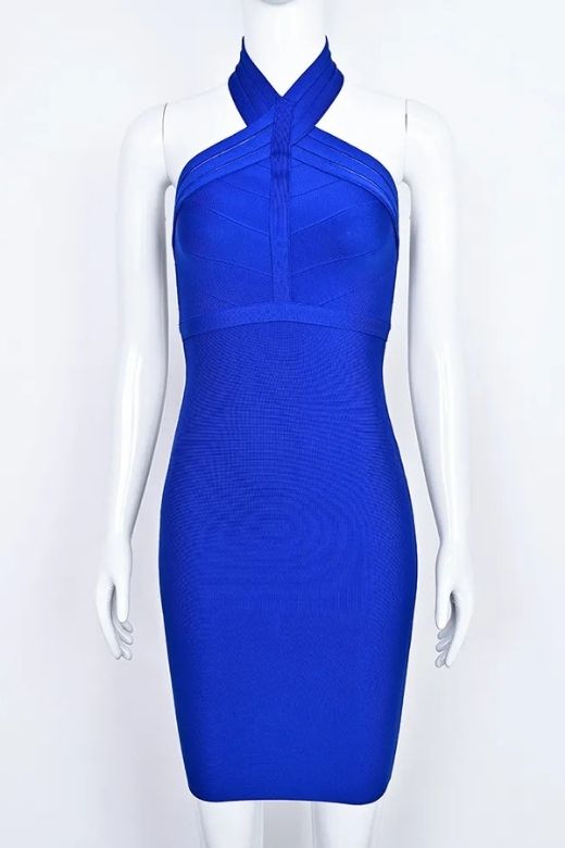 Woman wearing a figure flattering Eden Bandage Dress - Royal Blue BODYCON COLLECTION