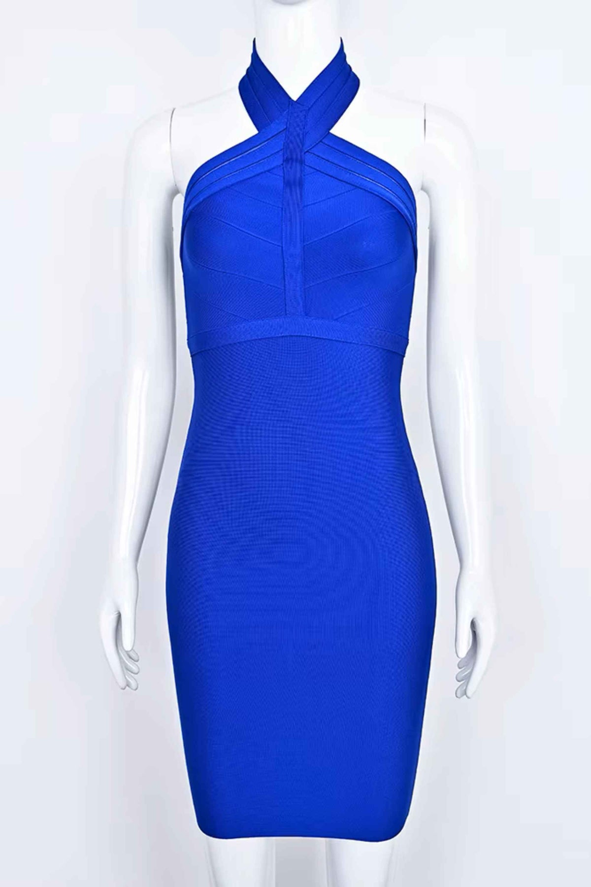 Woman wearing a figure flattering Eden Bandage Dress - Royal Blue BODYCON COLLECTION