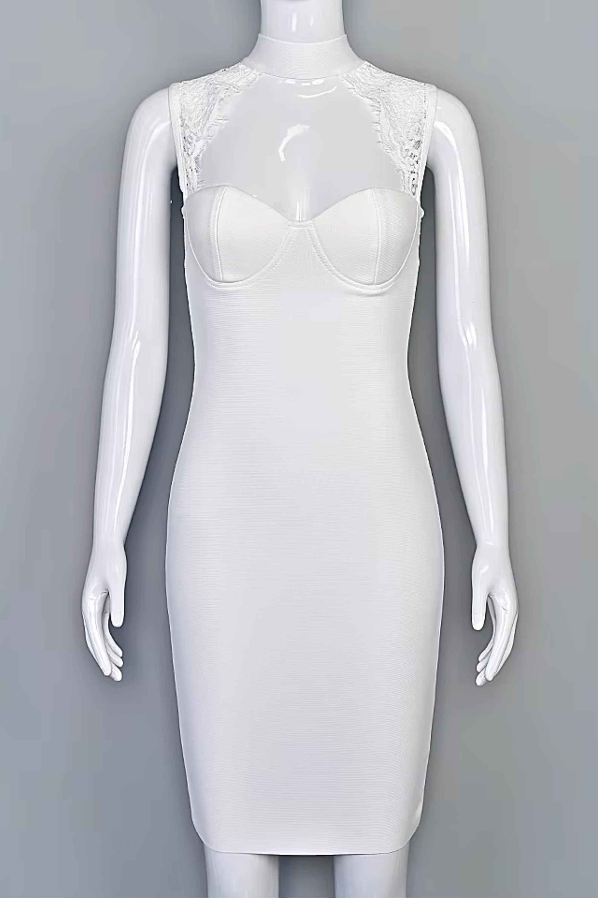 Woman wearing a figure flattering Elia Bandage Dress - Pearl White BODYCON COLLECTION Pty Ltd