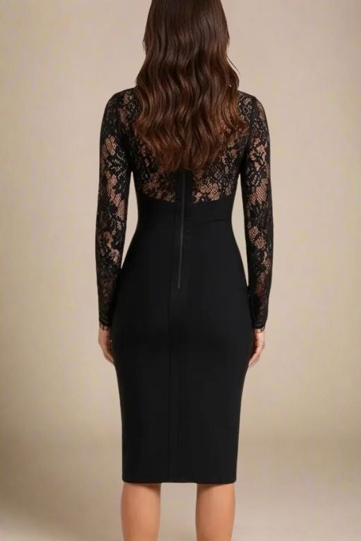 Woman wearing a figure flattering Elia Long Sleeve Bandage Dress - Classic Black BODYCON COLLECTION Pty Ltd