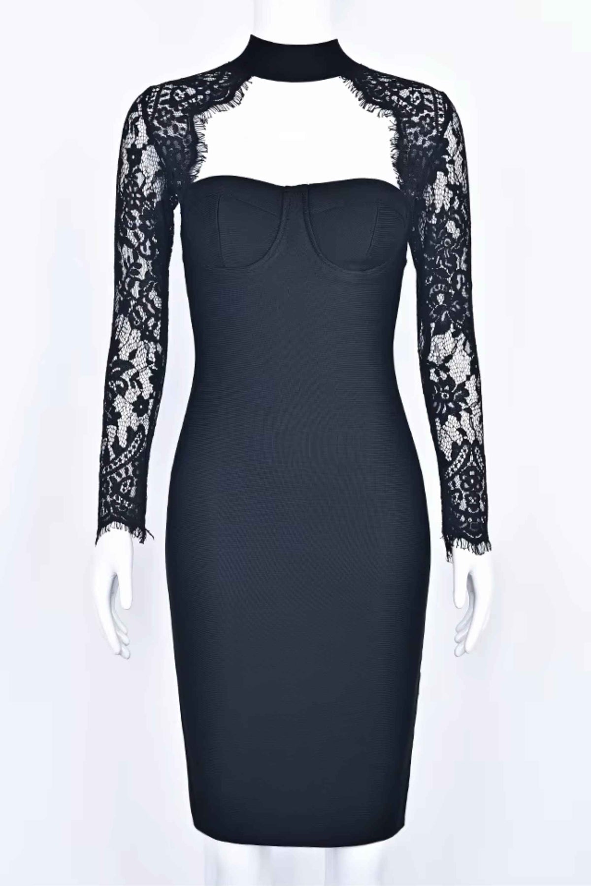 Woman wearing a figure flattering Elia Long Sleeve Bandage Dress - Classic Black BODYCON COLLECTION Pty Ltd