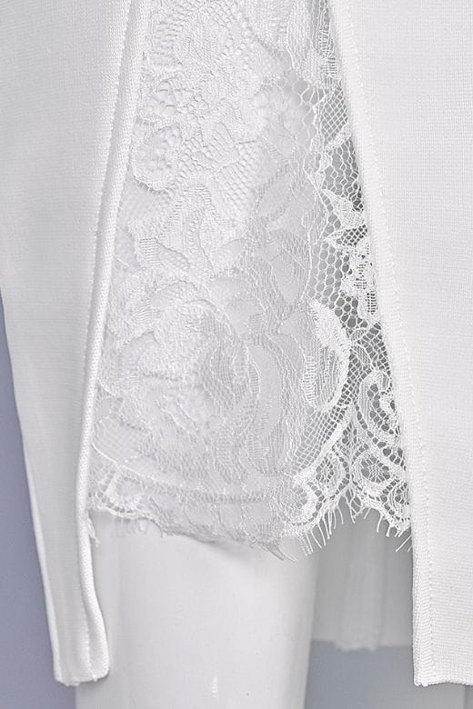 Woman wearing a figure flattering Elsa Bodycon Dress - White Pearl BODYCON COLLECTION Pty Ltd