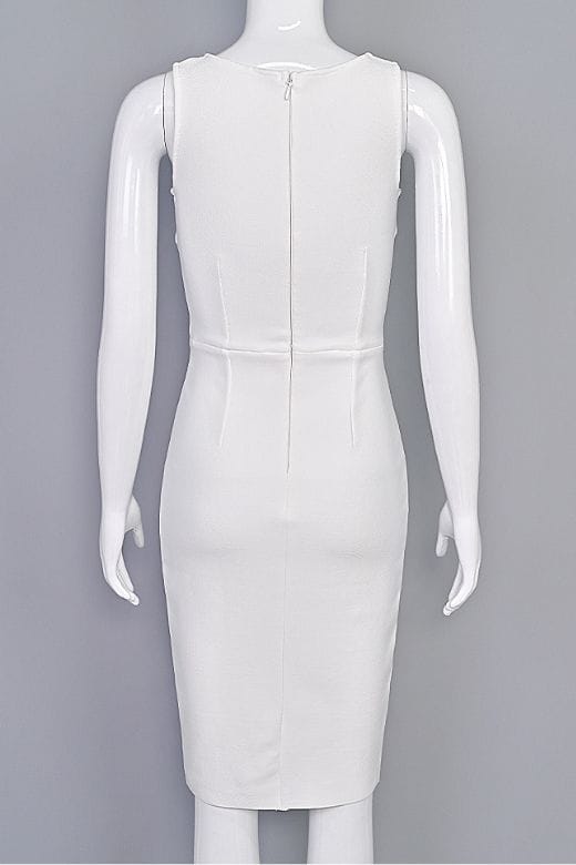 Woman wearing a figure flattering Elsa Bodycon Dress - White Pearl BODYCON COLLECTION Pty Ltd