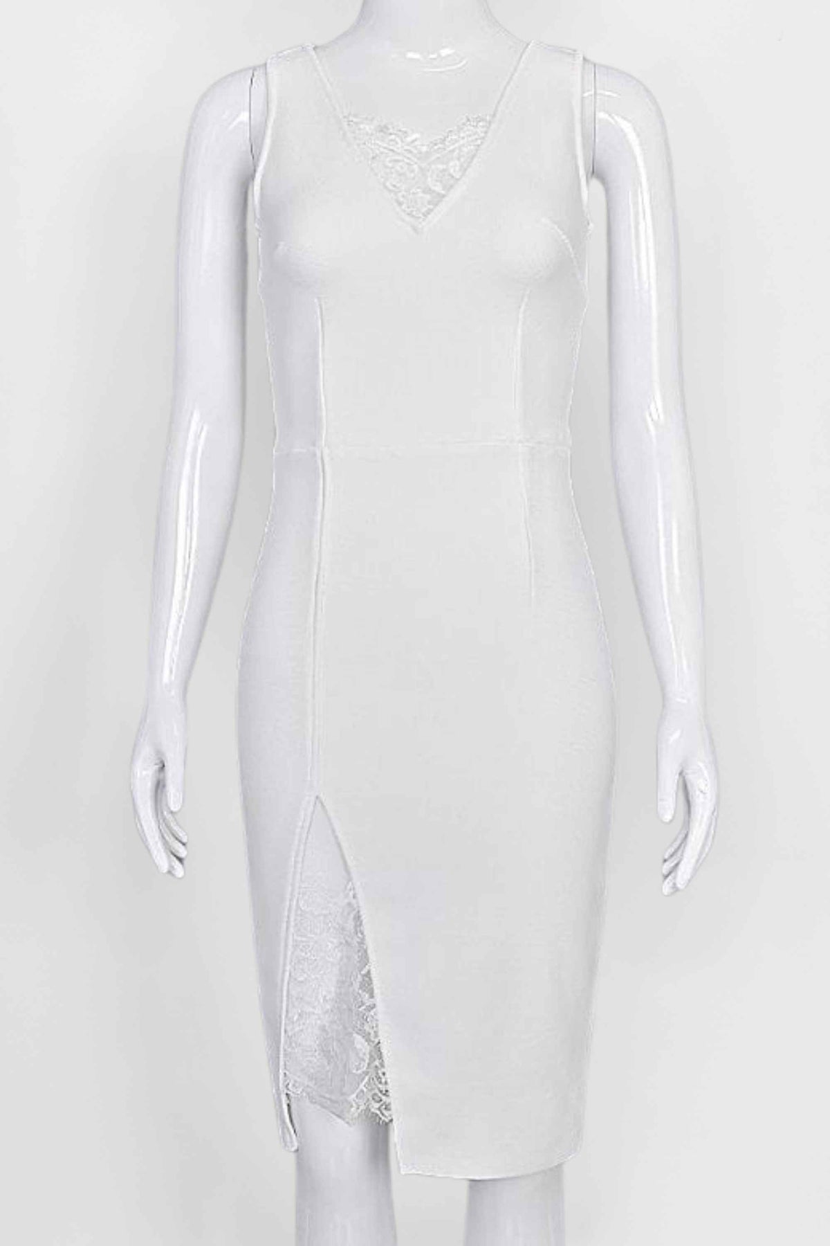 Woman wearing a figure flattering Elsa Bodycon Dress - White Pearl BODYCON COLLECTION Pty Ltd