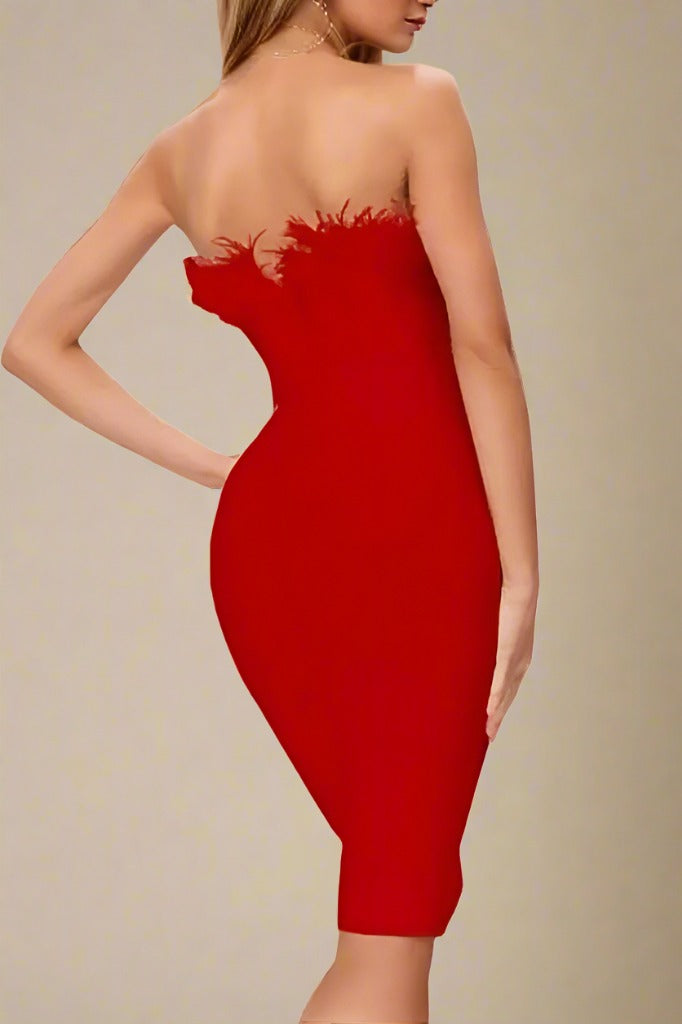 Woman wearing a figure flattering Erin Bandage Dress - Lipstick Red BODYCON COLLECTION