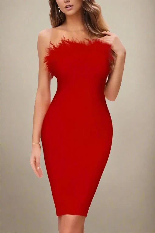 Woman wearing a figure flattering Erin Bandage Dress - Lipstick Red BODYCON COLLECTION