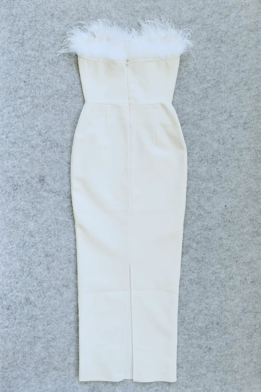 Woman wearing a figure flattering Erin Bodycon Maxi Dress - Pearl White BODYCON COLLECTION