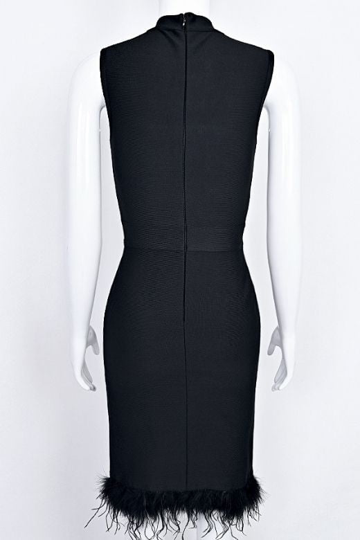 Woman wearing a figure flattering Erin High Neck Bandage Dress - Classic Black BODYCON COLLECTION