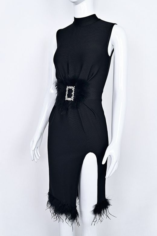Woman wearing a figure flattering Erin High Neck Bandage Dress - Classic Black BODYCON COLLECTION