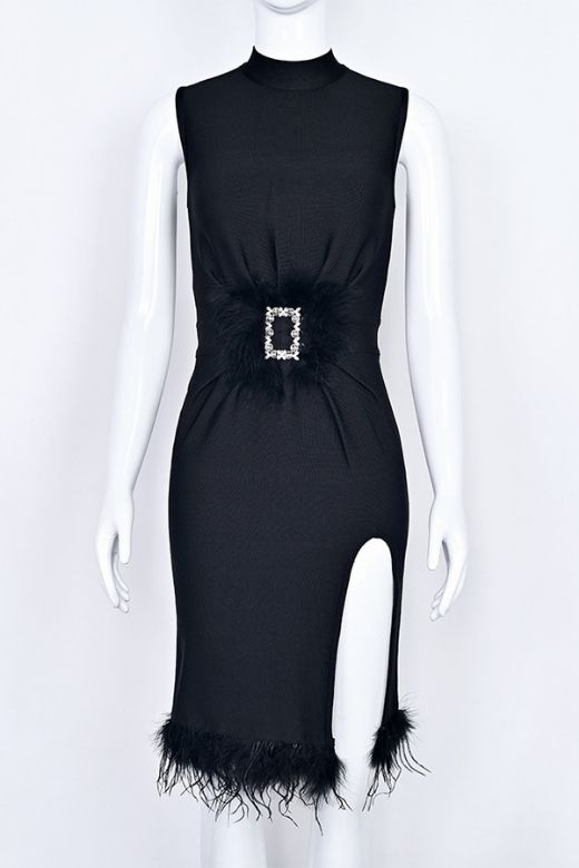 Woman wearing a figure flattering Erin High Neck Bandage Dress - Classic Black BODYCON COLLECTION