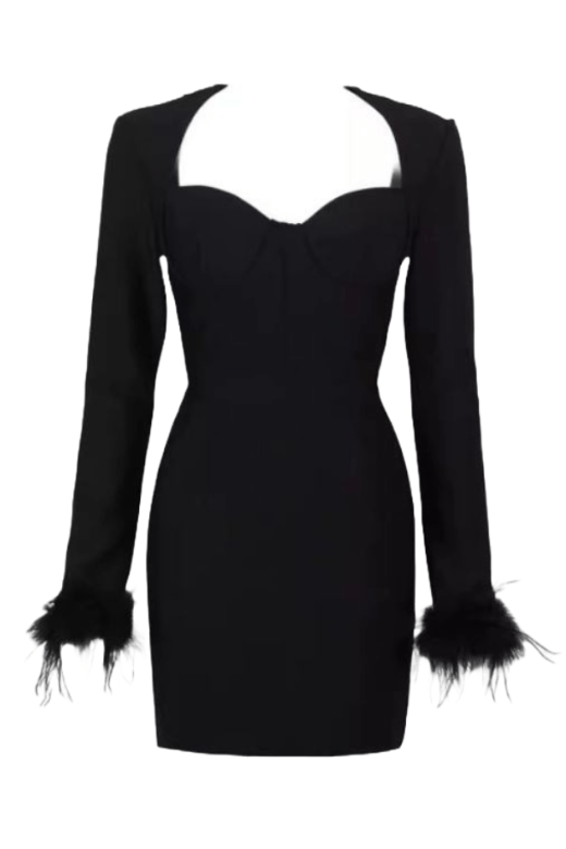 Woman wearing a figure flattering Erin Long Sleeve Mini Dress - Classic Black BODYCON COLLECTION