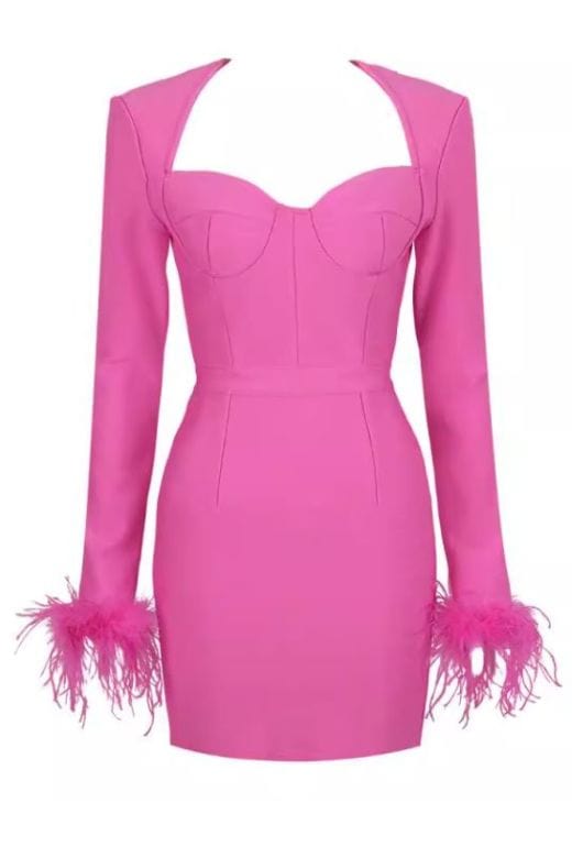 Woman wearing a figure flattering Erin Long Sleeve Mini Dress - Hot Pink BODYCON COLLECTION