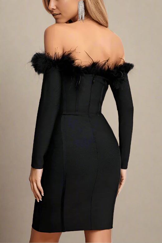 Woman wearing a figure flattering Erin Long Sleeve Off Shoulder Bodycon Mini Dress - Classic Black BODYCON COLLECTION