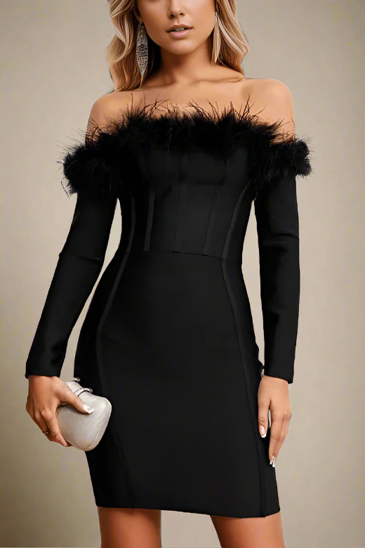 Woman wearing a figure flattering Erin Long Sleeve Off Shoulder Bodycon Mini Dress - Classic Black BODYCON COLLECTION