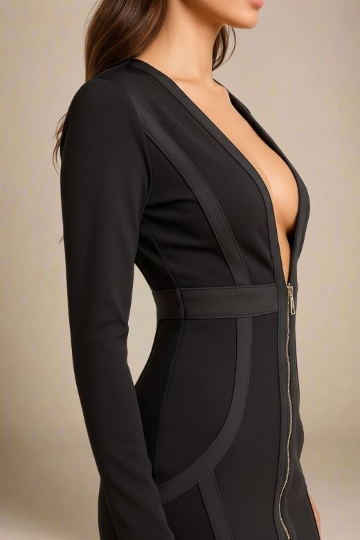 Woman wearing a figure flattering Eva Long Sleeve Bandage Mini Dress - Classic Black BODYCON COLLECTION