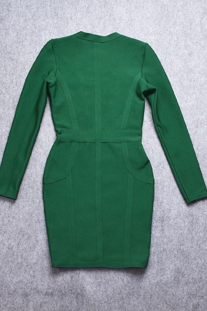 Woman wearing a figure flattering Eva Long Sleeve Bandage Mini Dress - Emerald Green BODYCON COLLECTION