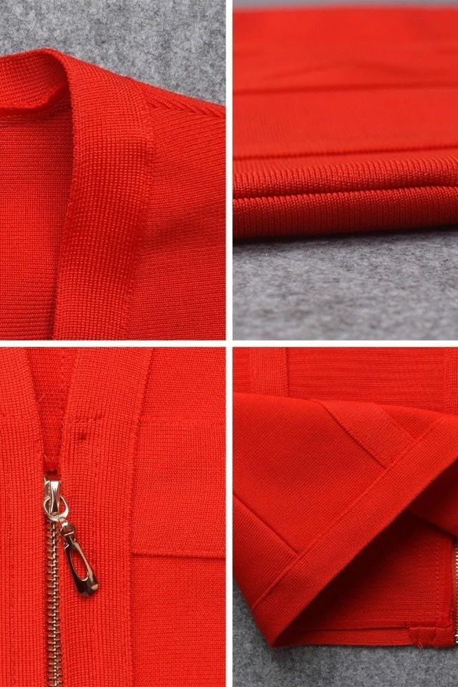 Woman wearing a figure flattering Eva Long Sleeve Bandage Mini Dress - Lipstick Red BODYCON COLLECTION